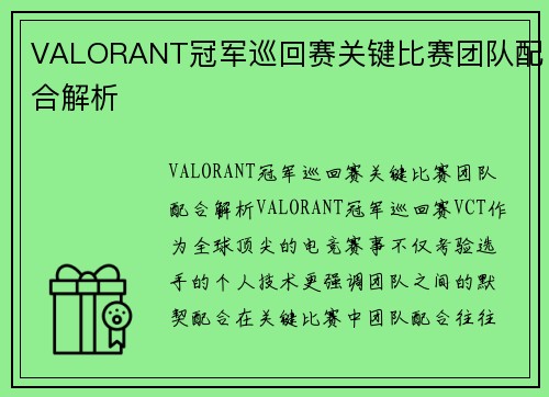 VALORANT冠军巡回赛关键比赛团队配合解析